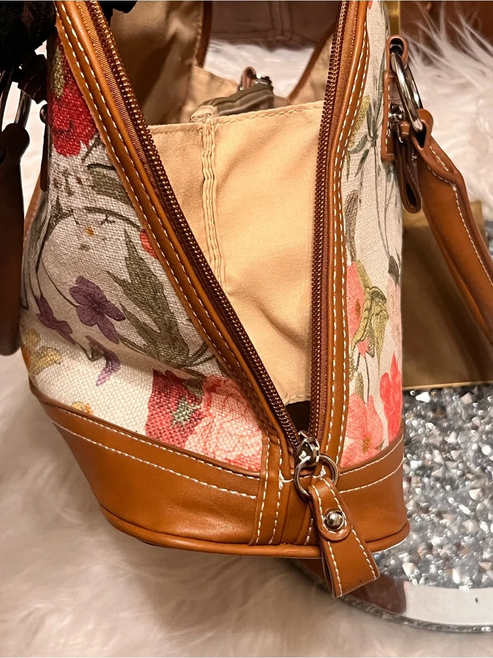 Gianni Bini Floral Canvas Satchel in Cream a handbag
